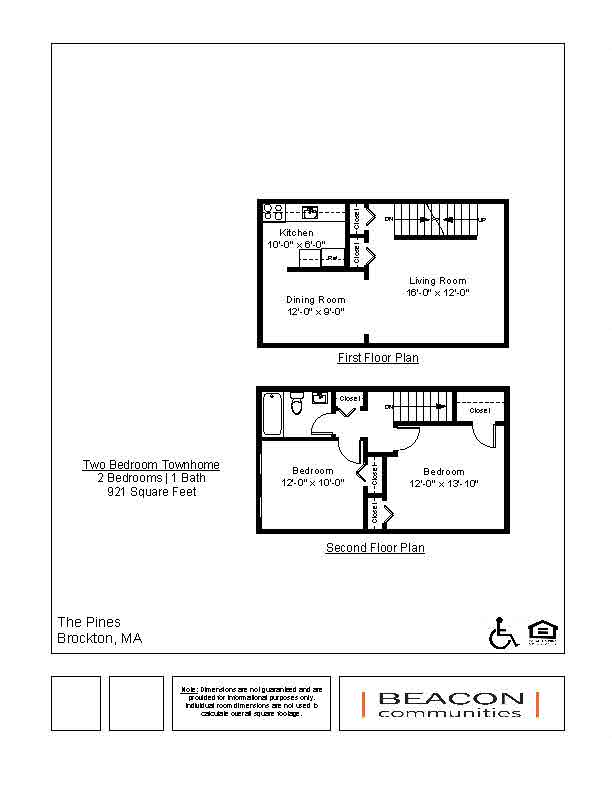 Floor plan for 2 beds, 1 bath, 921 sqft